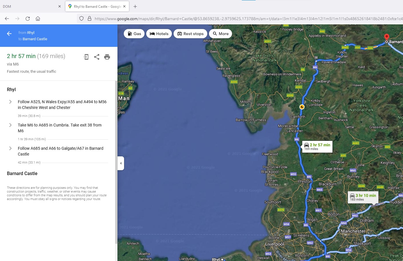 Web browser Google Maps screenshot showing distance of route to final destination